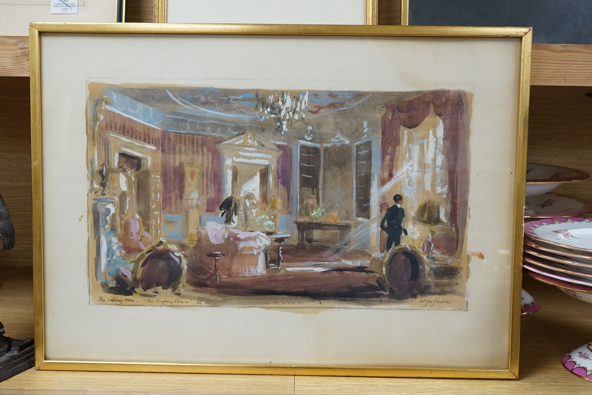 Roger Furse (1903-1972), theatrical interest, heightened watercolour and mixed media, Scene from the sitting room, The Sleeping Prince, signed and inscribed in ink, 24 x 41cm. Condition - fair to good